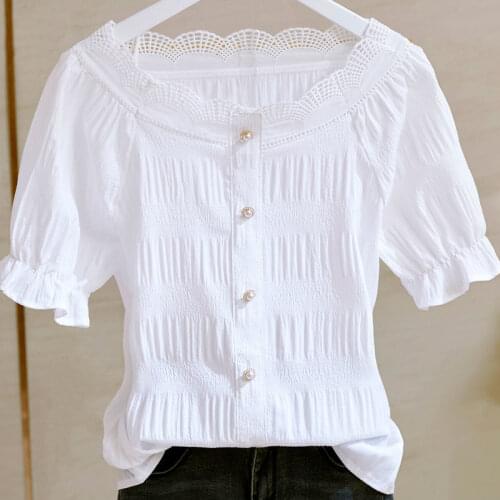 Pure color chiffon shirt womens short-sleeved 2020 new summer Korean version loose sweet foreign style lace shirt thin top