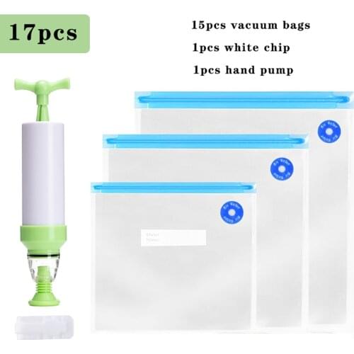 17pcs Kitchen Food Vacuum Storage ziplock Bags For Vacuum Sealer Food Fresh Long Keeping with pump
