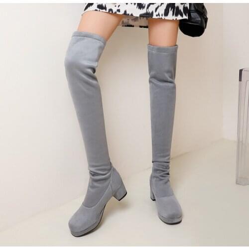 Womens over-the-knee Boots Stretch Black Grey Womens Winter Thigh High Boots Women Soft Flock Long Shoes Ladies Large Size 48