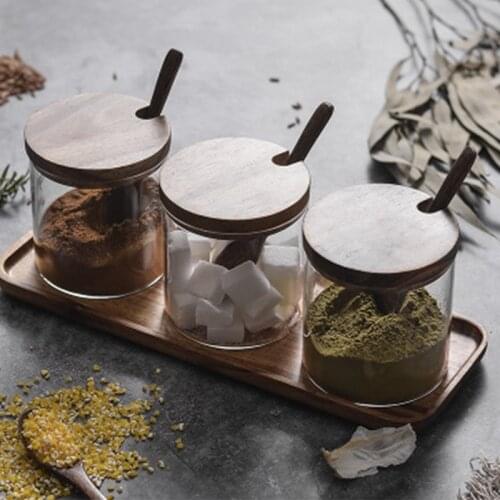 Transparent glass seasoning jar Seasoning box set three-piece creative kitchen wooden salt shaker sugar bowl with spoon base