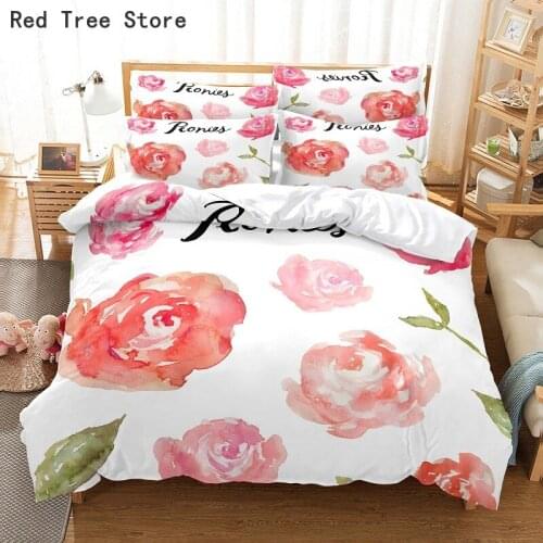 Pink Flower Rose Floral Print Duvet Cover Simple Nordic Style 2/3pcs Bedding Set Comforter Quilt Pillowcase Single Double Size