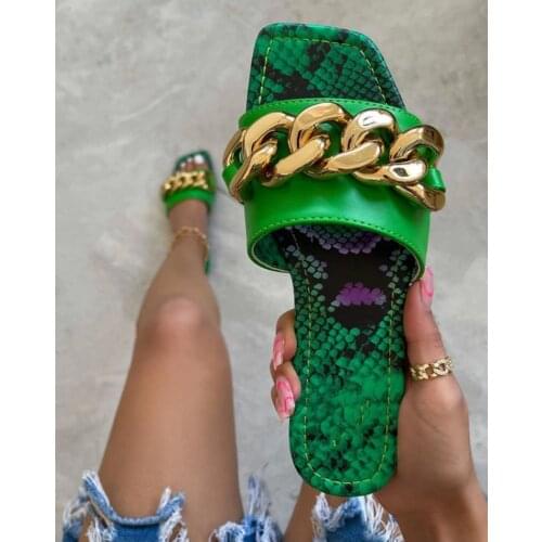 Summer Women Slippers Square Toe Serpentine Metal Chain Sandals Women Open Toe Slippers Female Outdoor Causal Slides Mujer