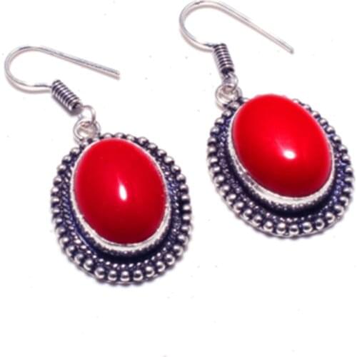 Genuine Coral Silver Overlay on Copper Earrings , Hand made Women Jewelry Gift , E5426