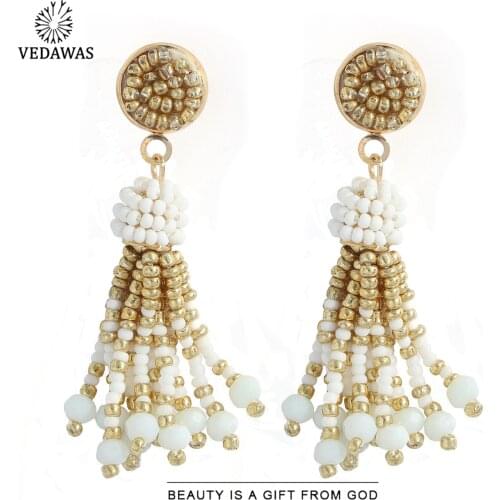 Vedawas Ethnic Ball Fringed Beads Drop Earrings for Women Boho Acrylic Handmade Colorful Dangle Earrings Wedding Jewelry Gifts