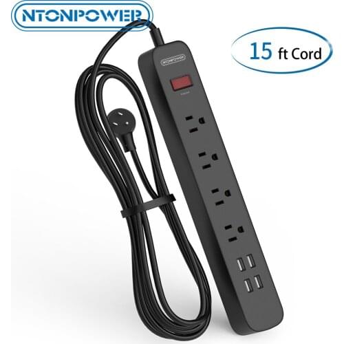 NTONPOWER 1700 Joules Surge Protector Power Strip with 4.6M(15 ft) Extension Cord Circuit Breaker with Flat Plug for Office Home
