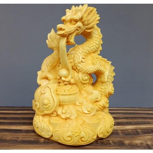 Solid wood auspicious Panlong play bead statue Wooden handmade sculpture Home decoration figurines Lucky Dragon 10cm