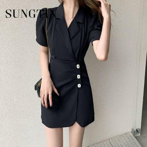 Sungtin Design V Neck Office Lady Folds Mini Dress Women Puff Sleeve Solid Empire Korea Dress Female Summer Fashion Vestidos New
