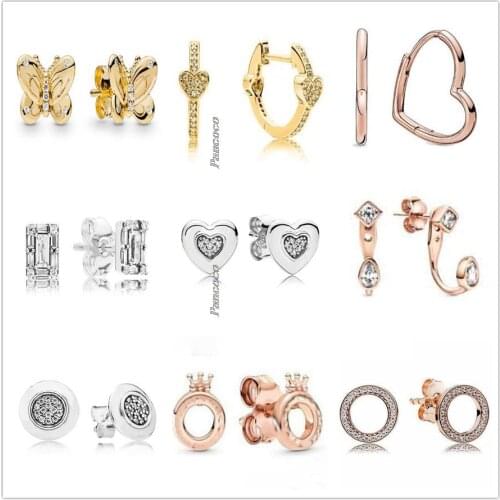 Original 925 Sterling Silver Earring Rose Asymmetric Heart Stud Earrings For Women Wedding Gift Pandora Jewelry