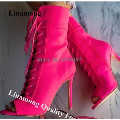 Linamong Women Fashion Peep Toe Stiletto Heel Short Gladiator Boots Lace-up Ankle Wrap High Heel Ankle Booties Dress Heels