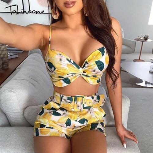 Tobinoone print V neck sexy two piece set women backless crop top and bodycon shorts sets summer sleeveless casual outfits 2021