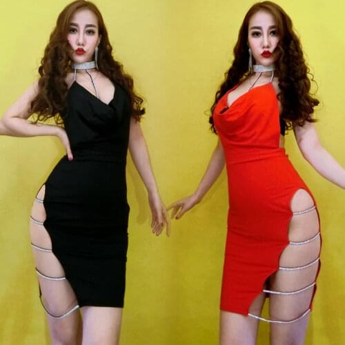 Nightclub Bar Female DJ Singer Clothes DS Stage Costume Sexy Hollow Bright Diamond Deep V Backless Dress Rave Outfit DNV12519