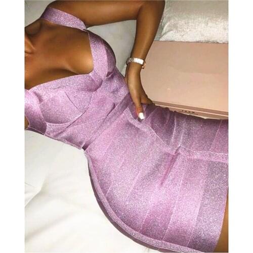 Women Summer Dress Sexy Fashion Bling Purple Pink Bandage Dress Elegant Designer Mini Party Sparkly Dress Vestido