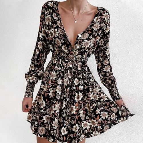 Womens Dress 2021 Floral Print Party Dress Sexy V Neck Long Sleeve Autumn Winter Mini Dress With Waist Tie Beach Dress