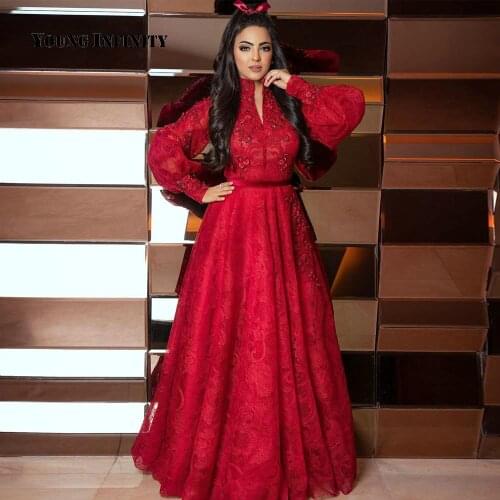 New Arrival Red long sleeve evening dress 2020 V Neck Lace Prom Dress Floor Length Flower Applique robe de soiree Plus Size Gala