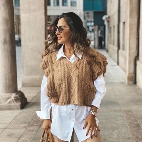 2021 Fall Spring New Women Cable-Knit Vest Sleeveless Sweater V-neck waistcoat Ruffle trim Women Pullover Warm Knitted Tank Tops