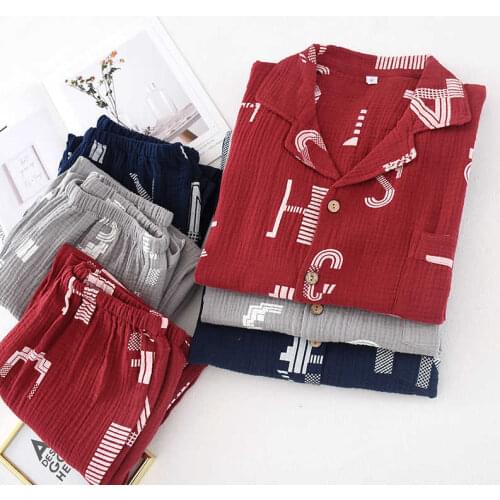 2021 Japanese Spring and Autumn Mens Pajamas Two-piece Cotton Long-sleeved Trousers Simple Letters Loose Home Service Set