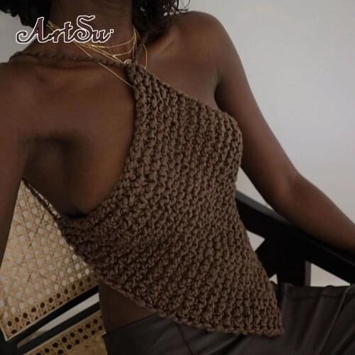 Artsu Fashion Bandage Tie Up Halter Knitted Crop Tops Women Sexy Backless 2021 Summer Beachwear Cropped Feminino Top 61161