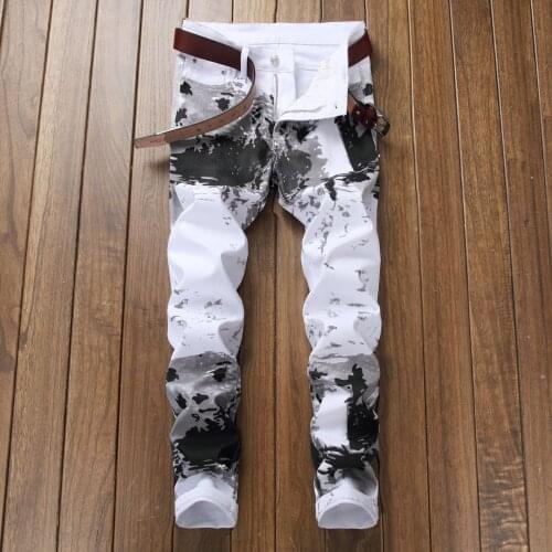 New Spring summer casual white printed pants stretch mens jeans straight slim fit European and American fashion trend trousers