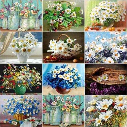 CHENISTORY 5D Diamond Painting Flower Full Square Diamond Embroidery Mosaic White Chrysanthemum Rhinestone Home Decor Gift