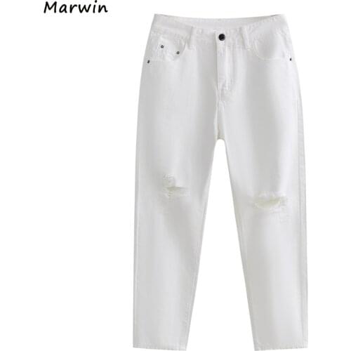 Marwin 2021 New-Coming Spring Solid High Waist Casual Thin Ankle-Length Elastic Hole White Jeans High Street Style Women Pants