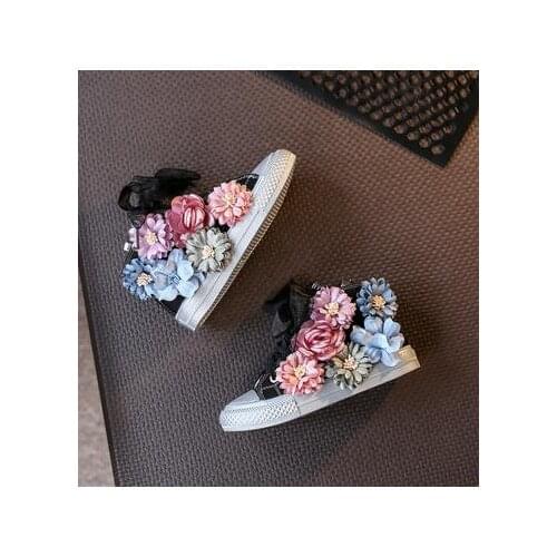 High Top Flower Girls Canvas Shoes Beading Kids Shoes 2019 Autumn Childrens Shoes Korean Casual Sneakers Sider Zipper