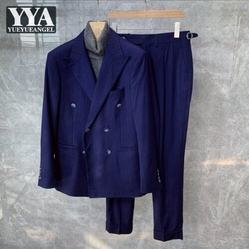British Mens Double Breasted Blazer Dress Suit Groom Wedding Striped Two Piece Sets Business Man Work Slim Fit Formal Suits Set