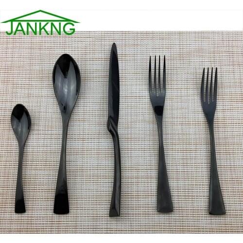 JANKNG 5Pcs Stainless Steel Cutlery Set Mirror Polishing Silverware Dinner Black Dinnerware Knife Tableware Set Service For 1