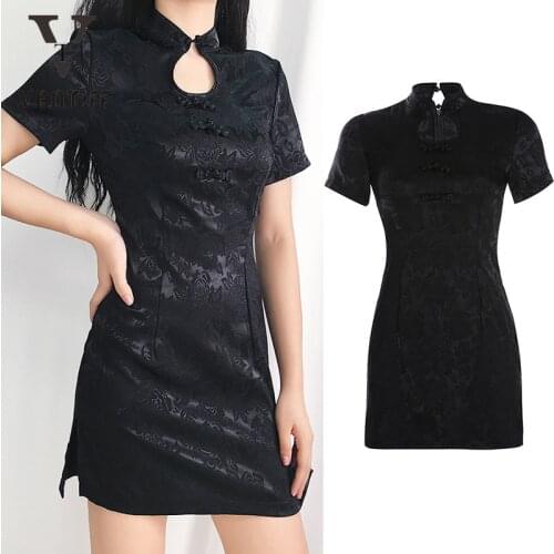 Bodycon Palace Mini Dress Women Gothic Streetwear Print Summer Dress Clothes Improved Black National Style Cheongsam Dress