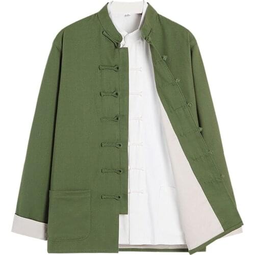 Autumn middle-aged and elderly father grandfather Tang suit mens Chinese ancient style Hanfu coil button cotton fleece sleeve