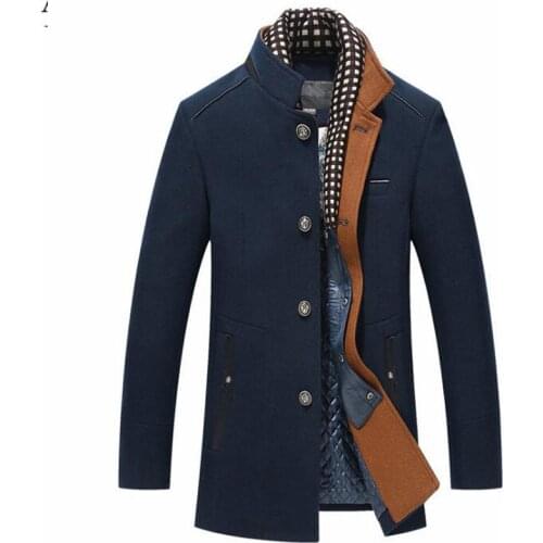 Winter Trench Coat Men Casual Thick Wool Overcoat Mens Stand Collar Woolen Coats With Detachable Scarf Parka Casaco Masculinos