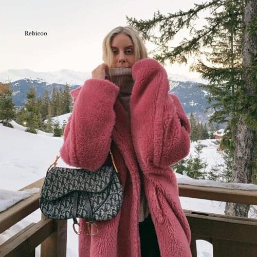 Winter Pink Long Teddy Jacket Women Coat New Fashion Thick Warm Oversized Solid Overcoat Female Faux Lambswool Fur Outwear
