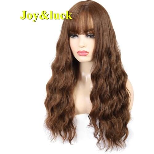 Joy&luck Long Natural Water Wave Synthetic Wigs for Women Full Wig With Bangs Brown Wig African Women Cosplay or Daily Hair Wig