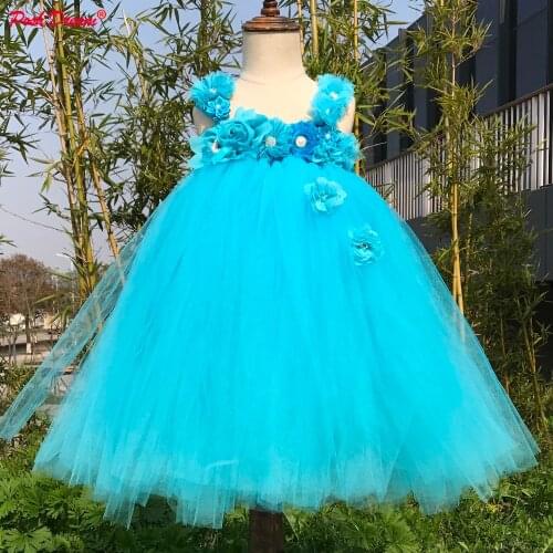 POSH DREAM Knee Length Turquoise Blue Flower Girls Weddings Party Dresses Princess Turquoise Floral Straps Children Girl Clothes