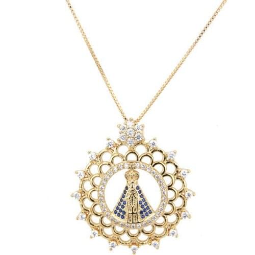 Rhinestone Zircon Hollow Geometric Round Pendant Our Lady of Guadalupe Virgin Mary Necklaces Gold Clavicle Chains Jewelry
