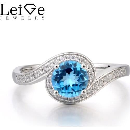 Leige Jewelry Swiss Blue Topaz Ring Wedding Ring November Birthstone Round Cut Blue Gemstone 925 Sterling Silver Ring Gifts