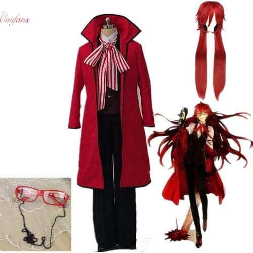 Anime Black Butler Death Shinigami Grell Sutcliff Cosplay Red Uniform Outfit+Glasses Carnaval Halloween Costumes for Women Men