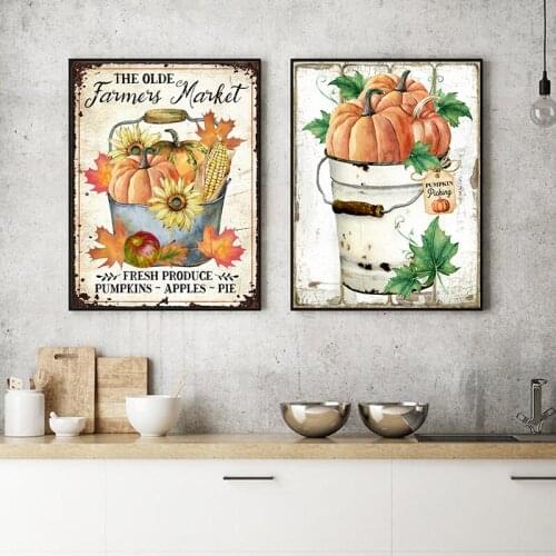Farmers Market Fall Pumpkins Leaves Vintage Poster Rustic Metal Fall Sign Canvas Painting Country Farmhouse Style Prints Decor