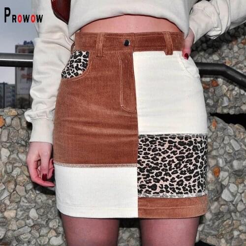 Prowow A-line Women Skirt 2021 New Fashion Patchwork Leopard Skirts for Woman Spring Summer Fall Zipper Streetwear Outfits