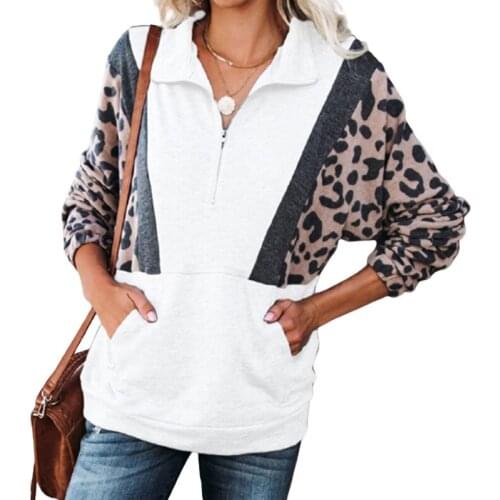 Womens Leopard Patchwork Sweatshirt Autumn 2020 Fashion Turn down Collor Long Sleeve Pullover Coats Outwear WDC6232