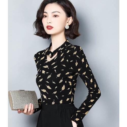 Women 2021 Autumn Winter New Mesh Long Sleeve Shirts Female V-neck Warm Bottoming Blouses Ladies Slim Printed Warm Shirts E682