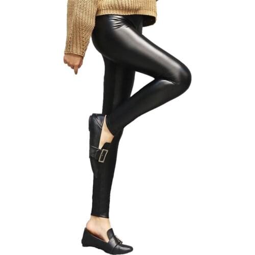 Women Velvet Leggings PU Leather Black Slim Pants Sexy Skinny High Waist Soild Ankle-length Leggins