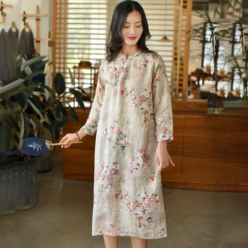 Johnature Women Linen Dresses A-Line Print Floral Cheongsam 2021 Autumn New Wrist Sleeve Button Female Chinese Style Dress