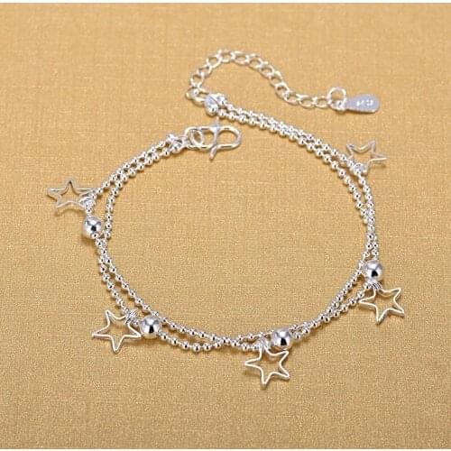 925 Sterling Silver Double Layer Tassel Hollow Star Charm Bracelet &Bangle Anklets For Women Girls Party Jewelry sl289