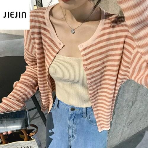 Korea Cute Pink Cardigan Fall 2020 Women New Fashion Striped Printed Cropped Sweater Thin Office Lady Coverup Aesthetic Cardigan