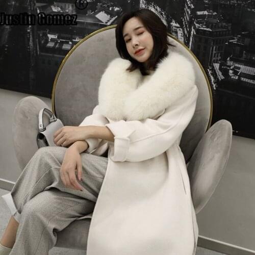 Women 2020 Winter Natural Fox Fur Collar Double-Sided Wool Blends Coat Female Thicken Warm Sheep Shearing Long Overcoat