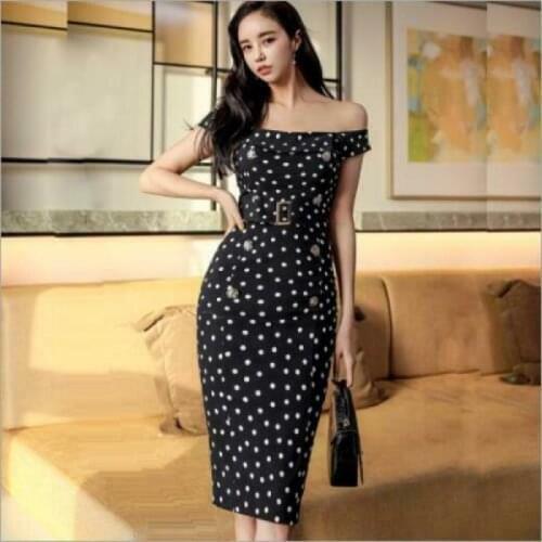 Womens Fashion Polka Dot Double Breast Off Shoulder Hip Package Pencil Dress YBW