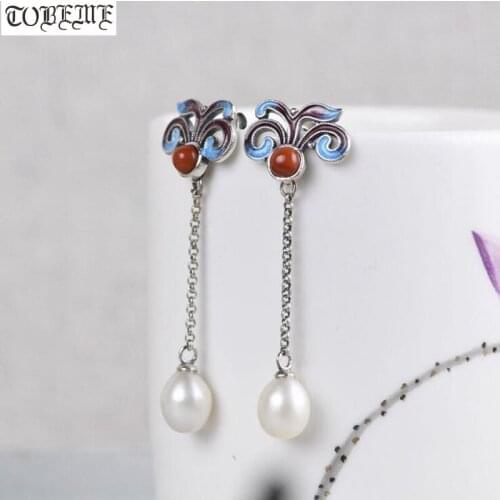 100% 925 Silver Bohemia Earrings 925 Sterling Agate Women Earrings Natural Pearl Earrings