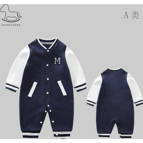 Babys clothing babys spring and autumn blue and white patchwork baseball suit newborn long sleeve Jumpsuit