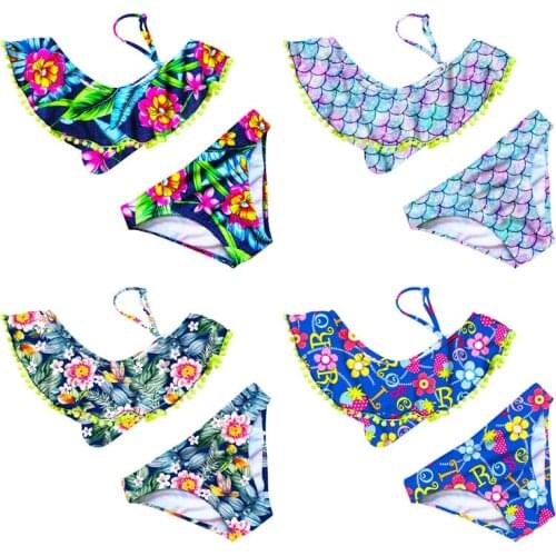 2021 Childrens Swimsuits Printed Leaves Split Bikini Girls Swimsuit Small Children Girls Swimwear