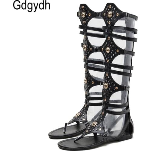 Gdgydh 2021 New Sexy Rhinestone Gladiator Knee Sandals Flats Back Zipper Black Silver Rome Knee High Sandals Women Wholesale